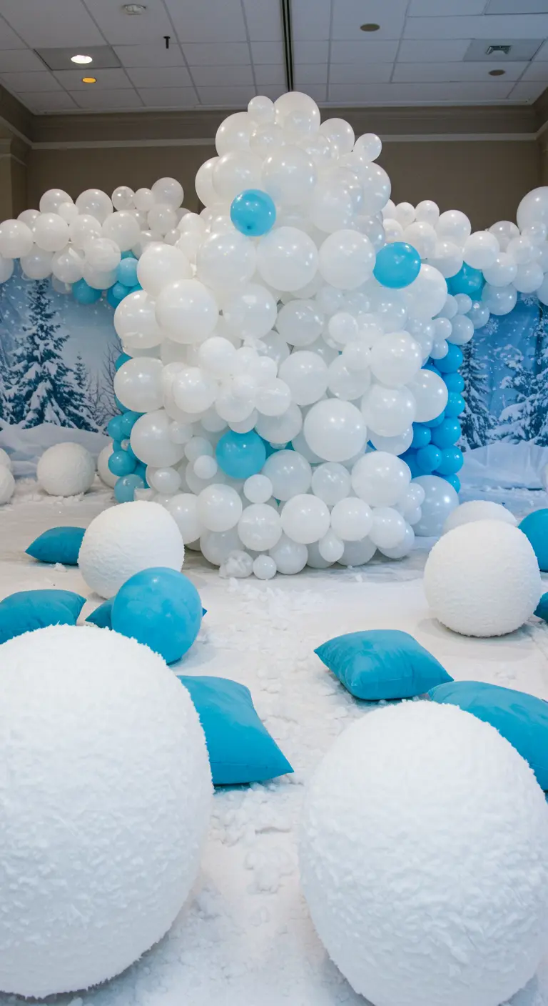 A huge sculpture of a yeti or snowman made from white and blue balloons.