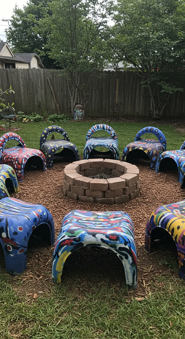 A circle of creatively shaped and colorfully painted tires around a brick fire pit.