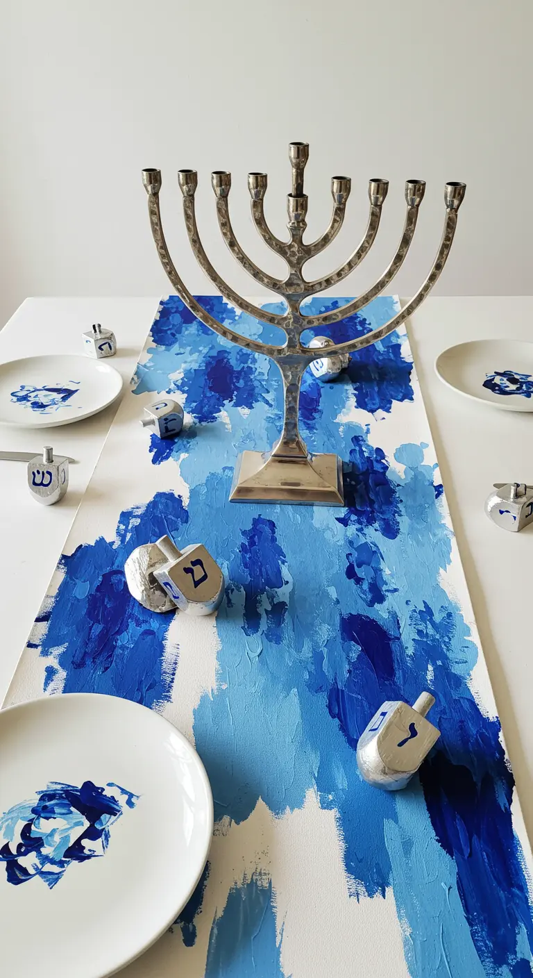 A DIY Hanukkah table runner painted with abstract blue and white strokes.