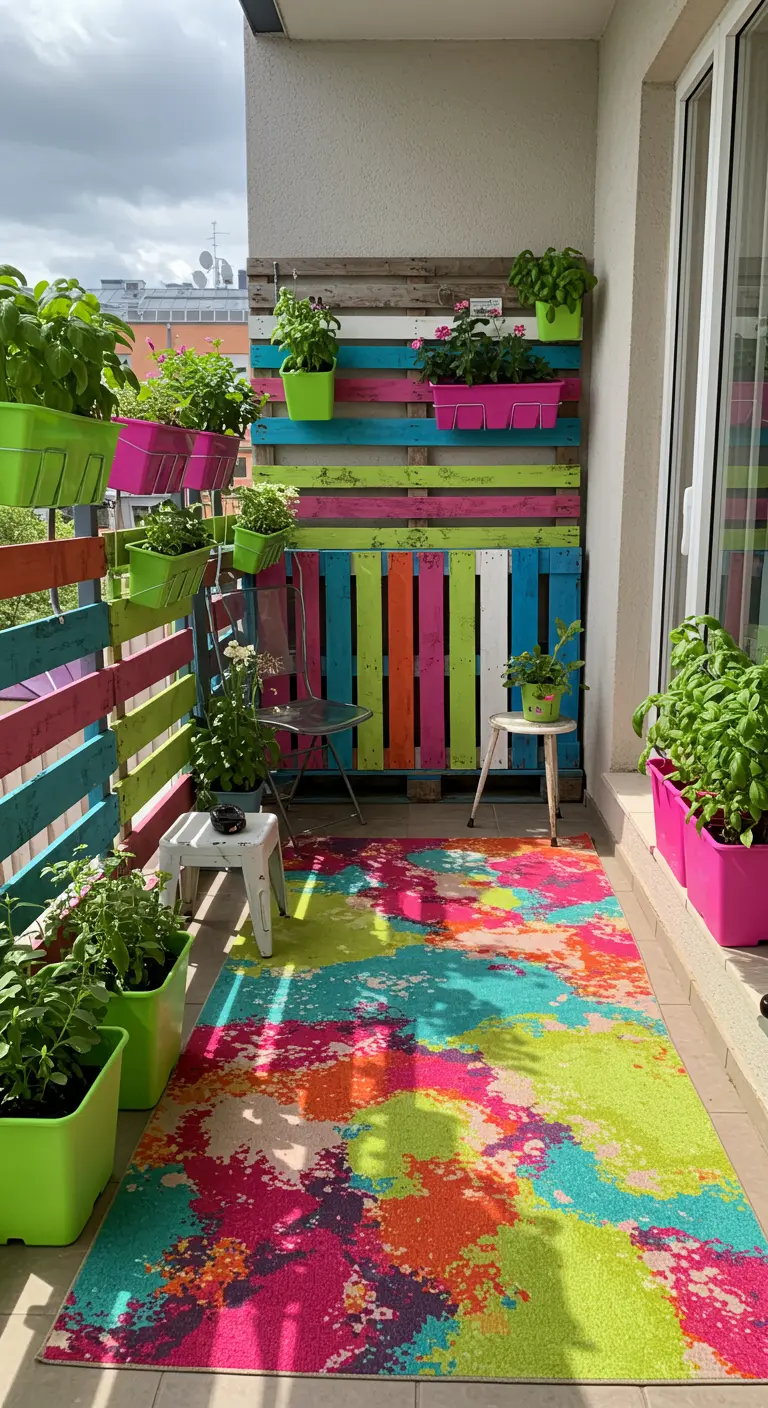 A colorful balcony with multi-hued pallet walls and a bright abstract paint-splatter rug.