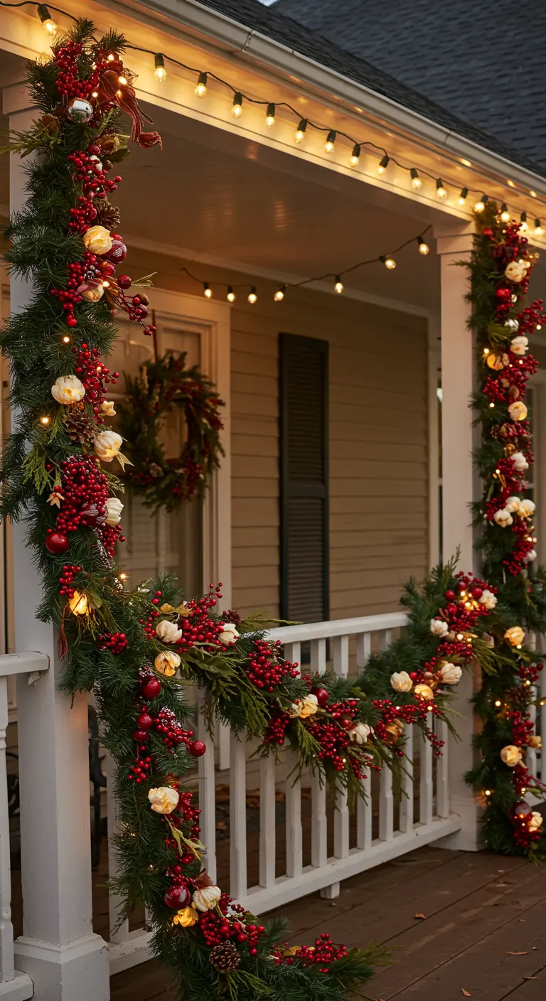 A thick, lush garland with red and white berries and flower-shaped lights wraps around a porch railing.