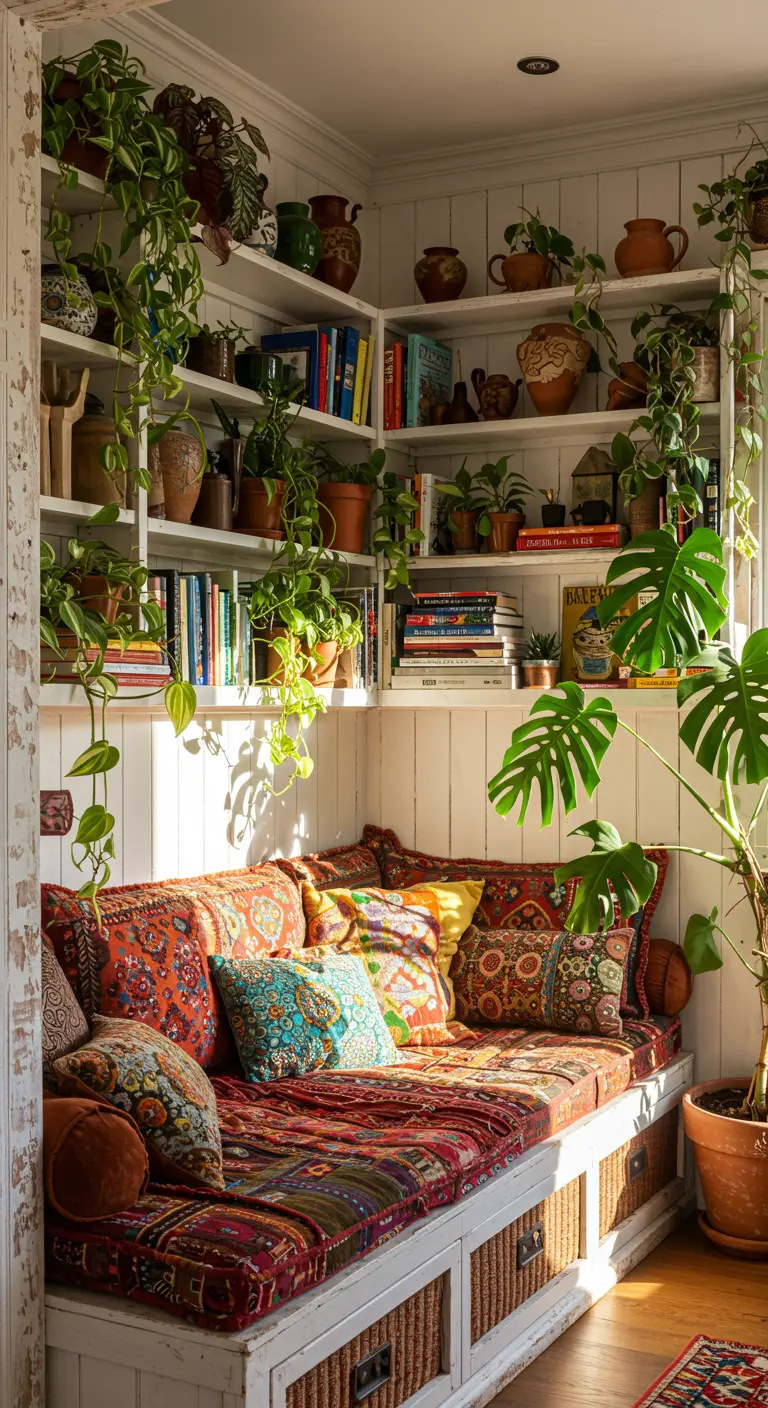 A colorful bohemian reading nook filled with patterned pillows, textiles, and numerous houseplants.
