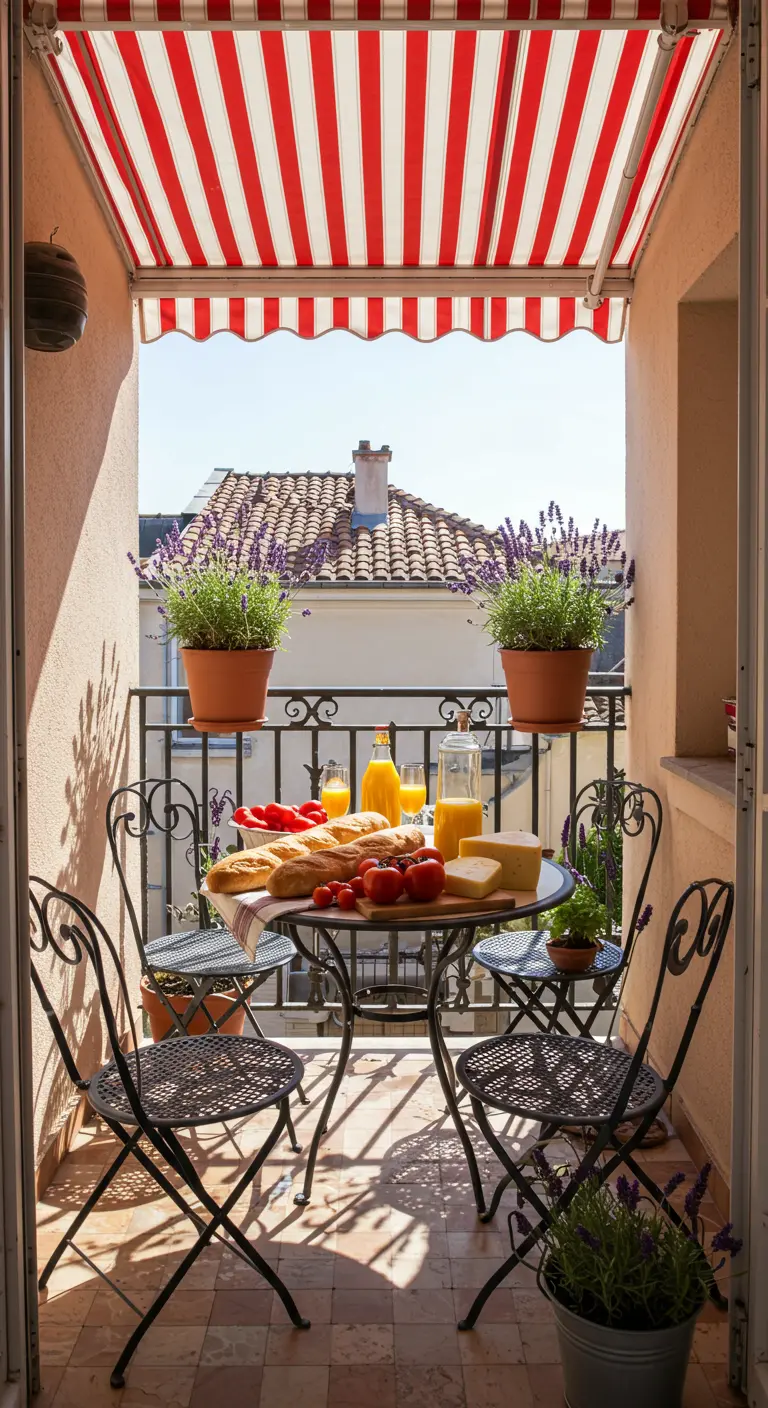 A balcony with a bistro table laden with a breakfast of bread, tomatoes, cheese, and juice.