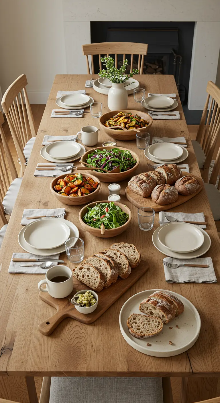 A long wood table laden with family-style bowls of salad and platters of bread.