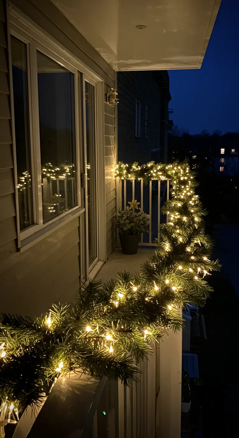 A balcony railing at night completely covered in a thick, overflowing garland filled with lights.