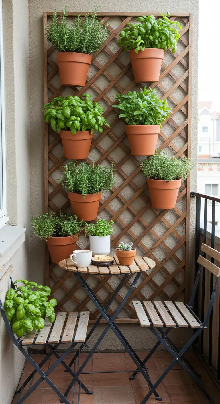 A wood lattice trellis wall completely covered in terracotta pots of fresh herbs.