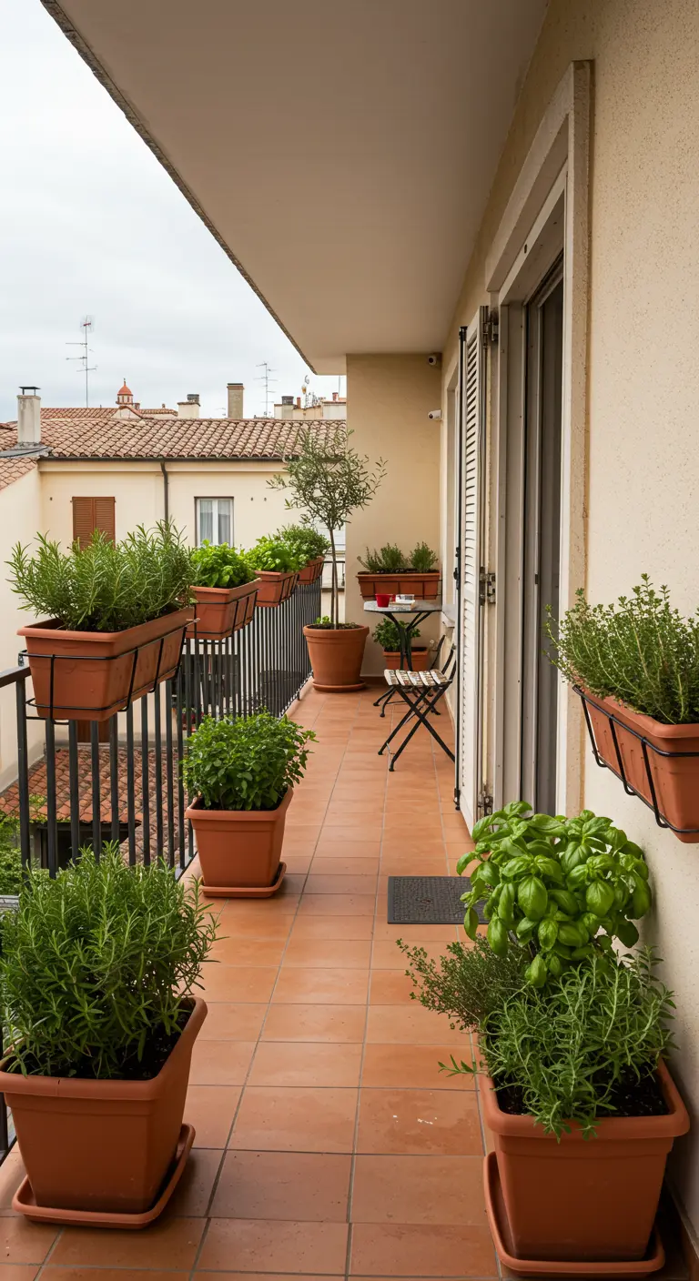 A long, narrow balcony filled with numerous terracotta pots of herbs and an olive tree.