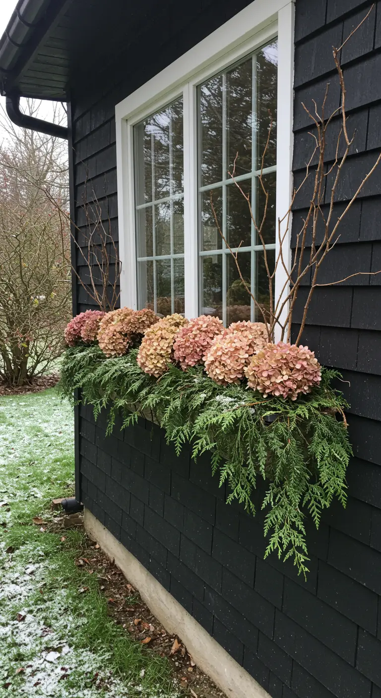 A long window box on a black house, filled with spilling greenery and pink hydrangeas.