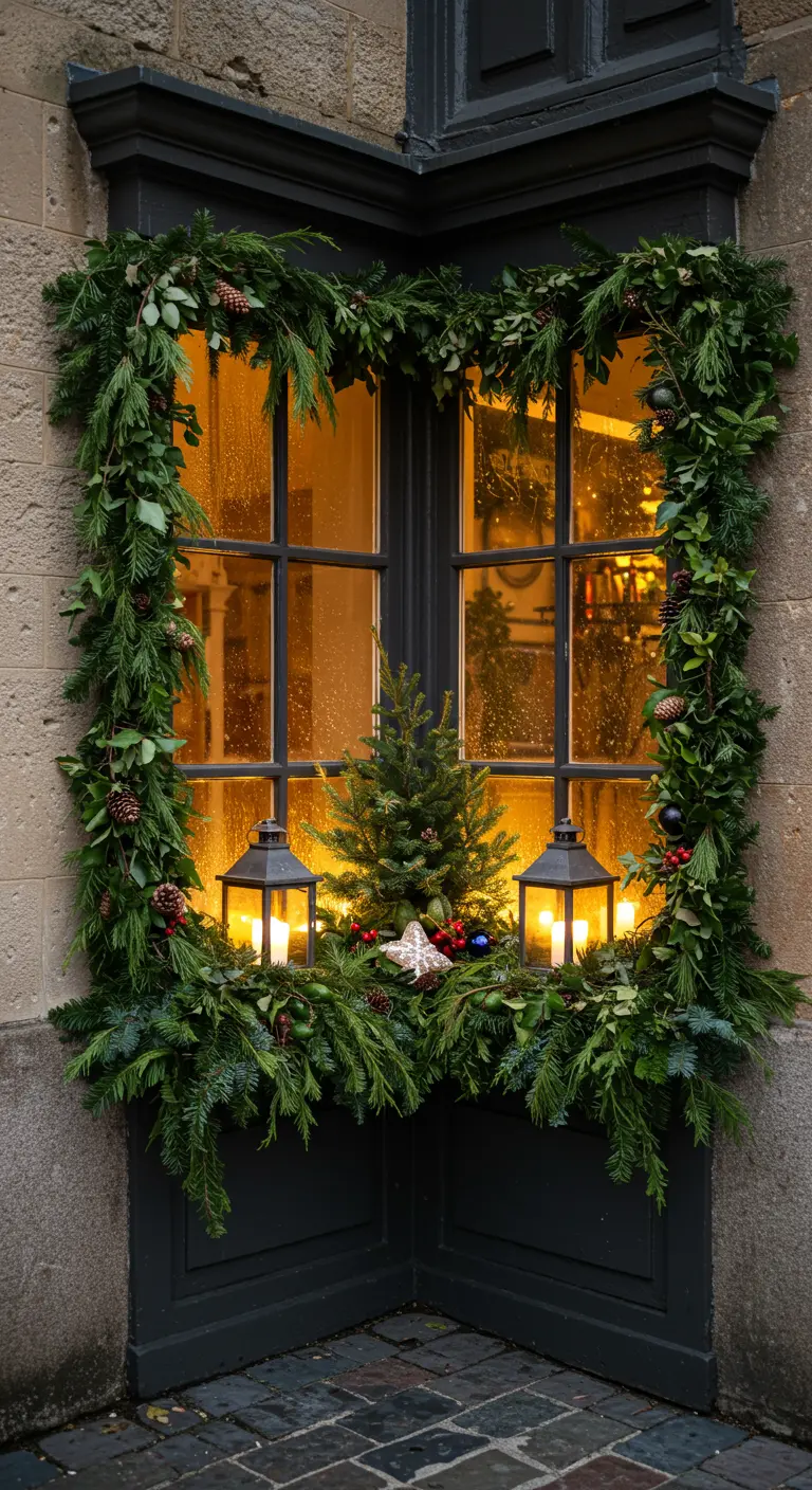 A corner window is framed in lush garland, with a window box holding a tree and lanterns.