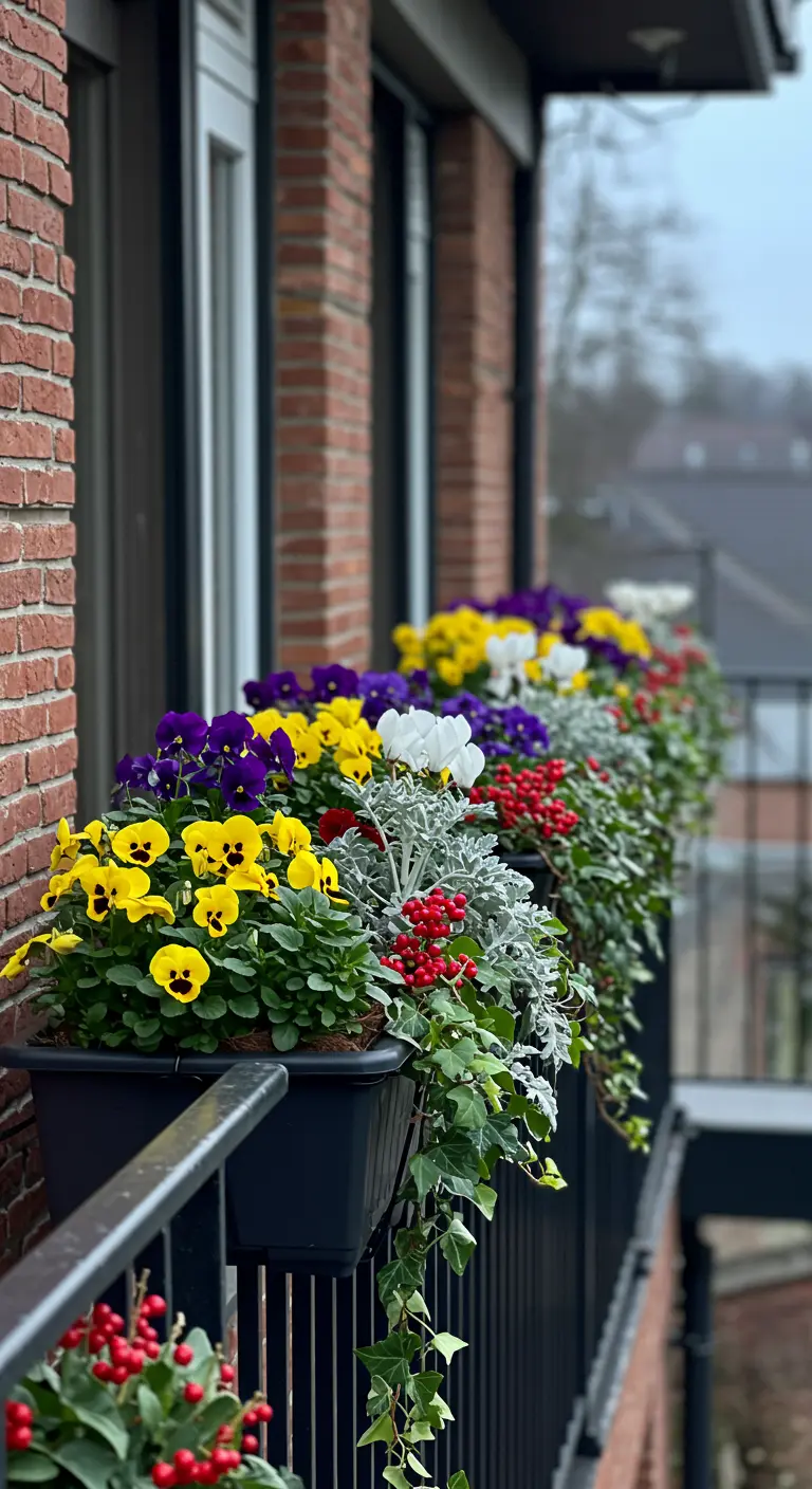 A close-up of a balcony railing box filled with pansies, ivy, and berries.