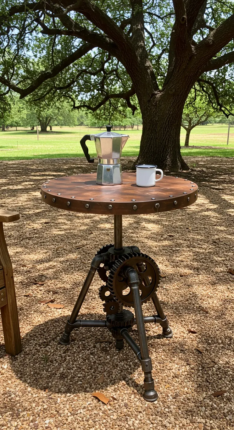 Adjustable-height tripod table with a gear mechanism, set on a gravel patch under a large tree.