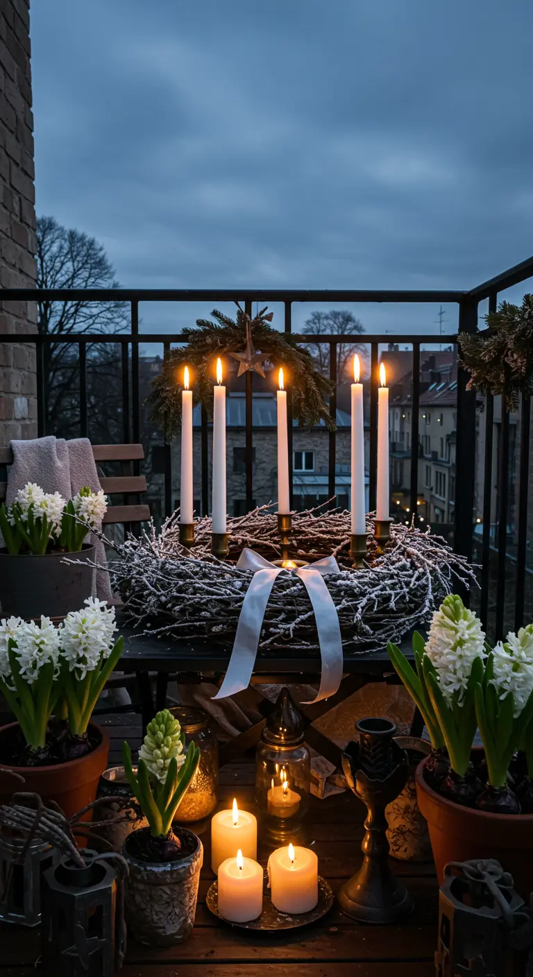 A balcony table with a large frosted wreath centerpiece holding four white taper candles.