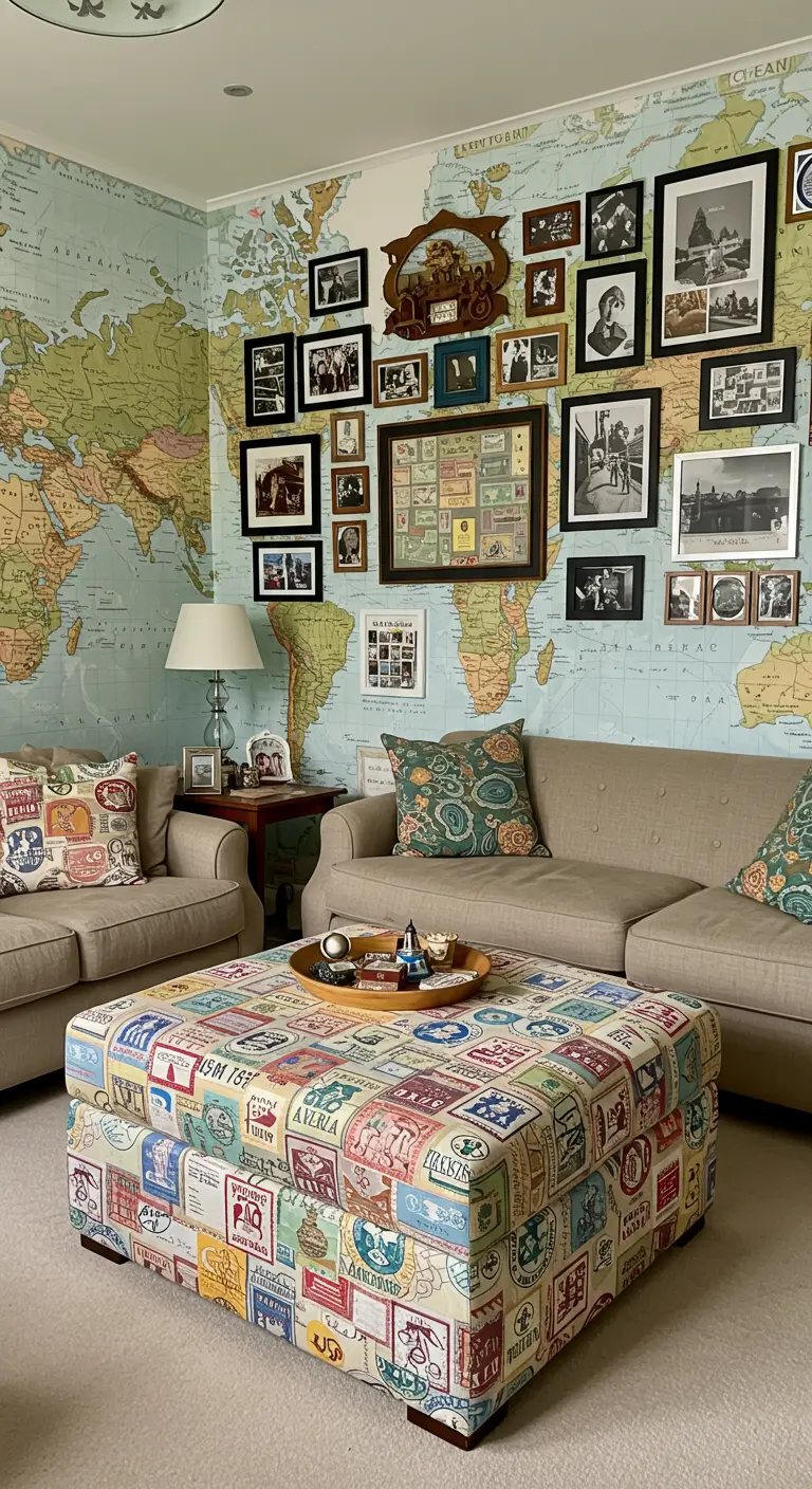 Living room with a world map mural wall, layered with framed photos, and a postage stamp ottoman.