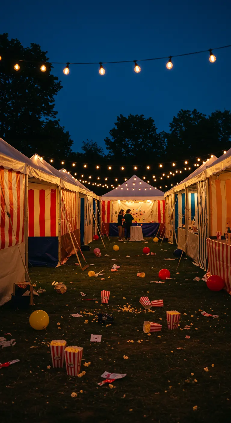 Messy carnival grounds after a party, with popcorn and balloons.