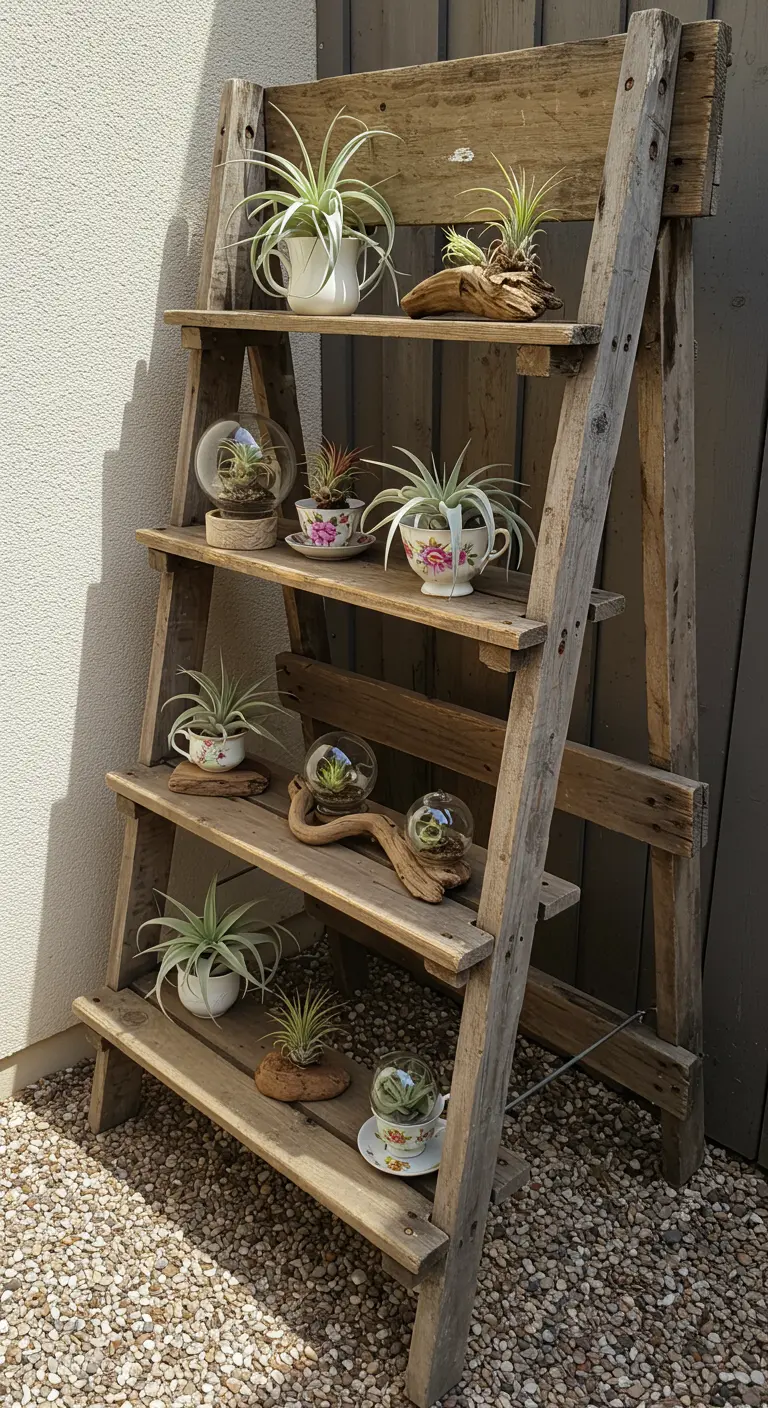 A rustic wooden ladder decorated with air plants in vintage teacups, glass globes, and on driftwood.
