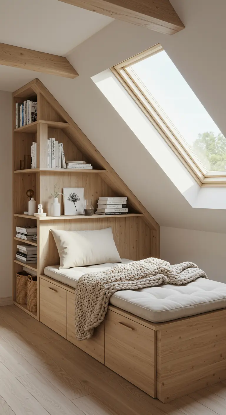 A reading nook built into an attic under a large skylight, with light wood and cozy textiles.
