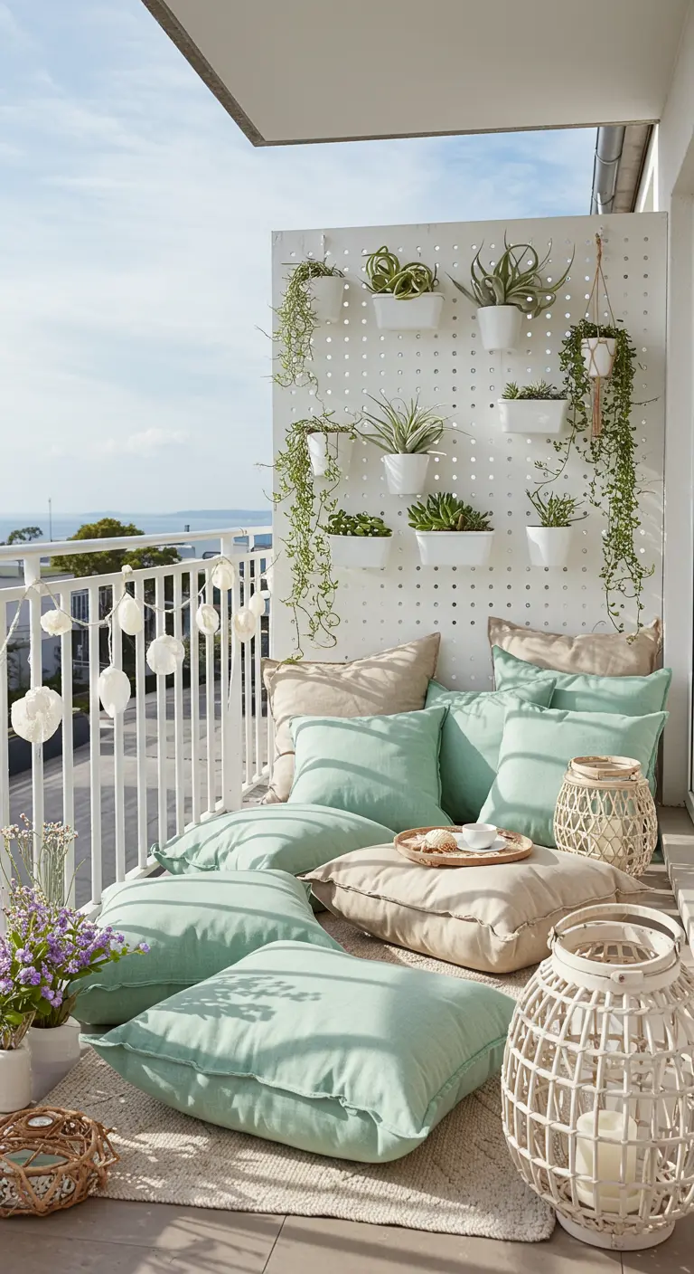 A bright, airy balcony with a white pegboard wall holding various potted plants.