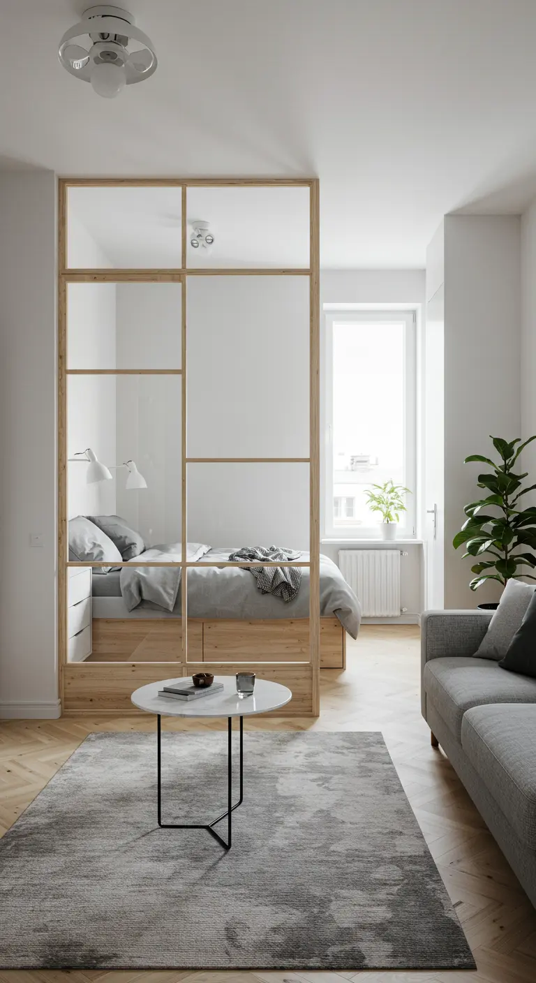 Scandinavian studio with a light wood and glass divider creating a bright bedroom nook.