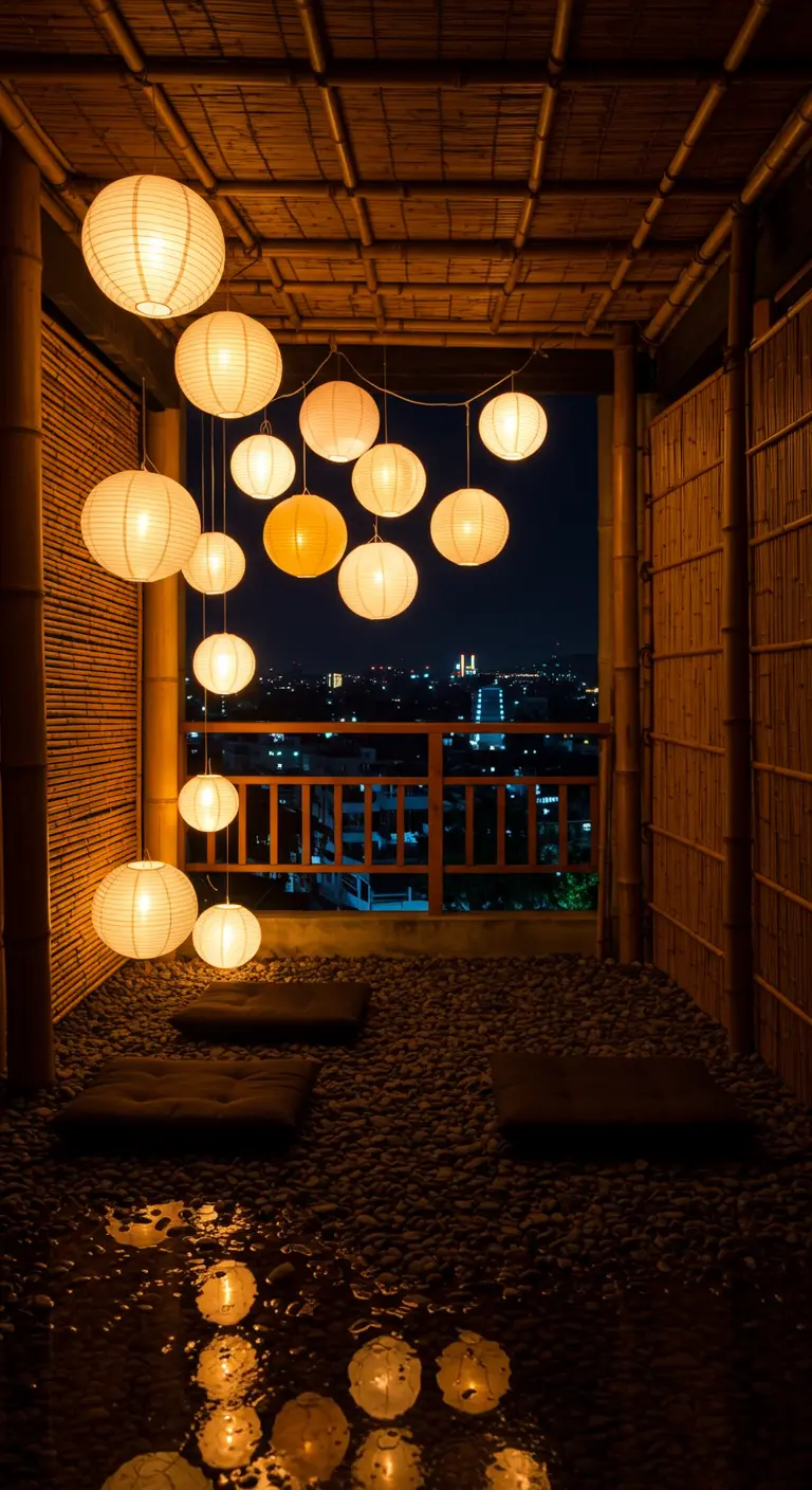 Balcony enclosed in bamboo and filled with glowing paper lanterns hanging from the ceiling.