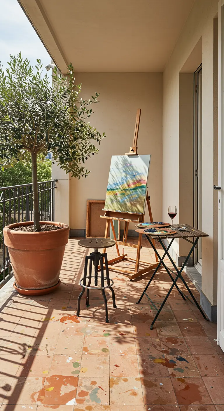 An artist's easel and stool on a balcony with an olive tree and splattered paint on the tiles.
