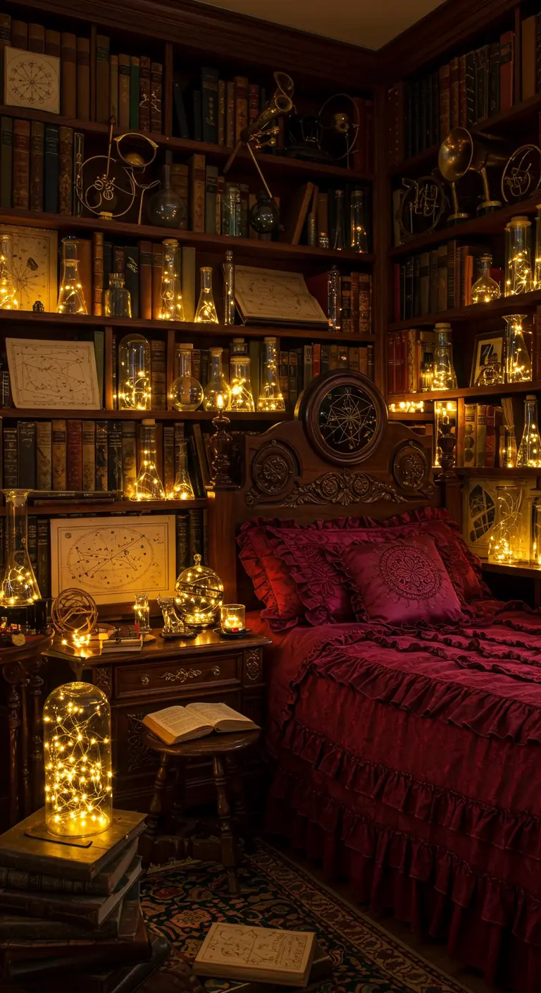Bedroom surrounded by bookshelves with fairy lights in glass jars and beakers.