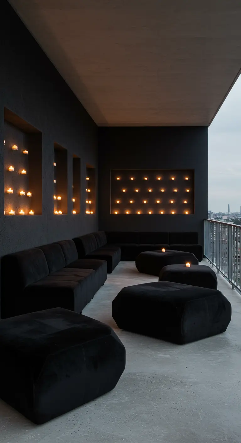 A modern balcony with black velvet seating and architectural niches filled with rows of lit candles.
