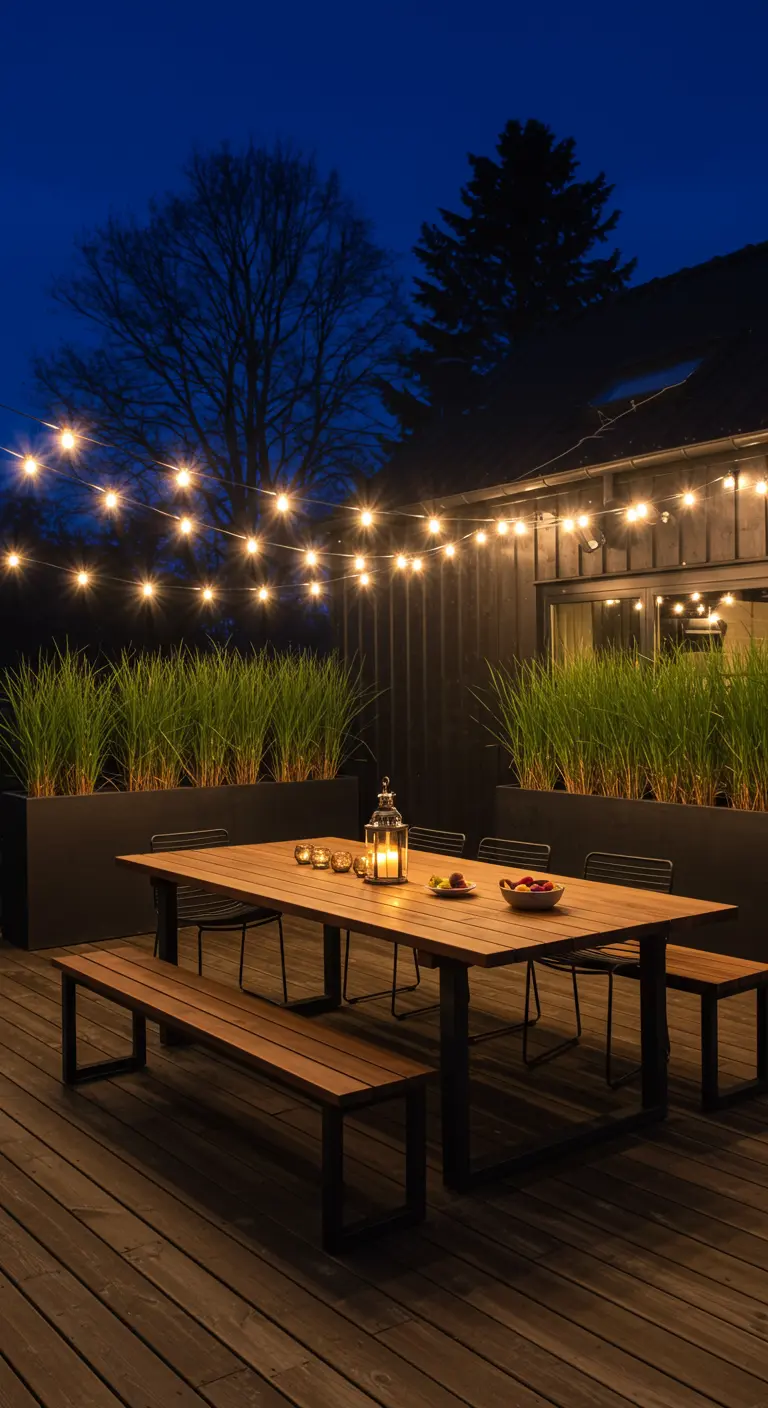 An outdoor dining table on a deck, with a bench and chairs under string lights.