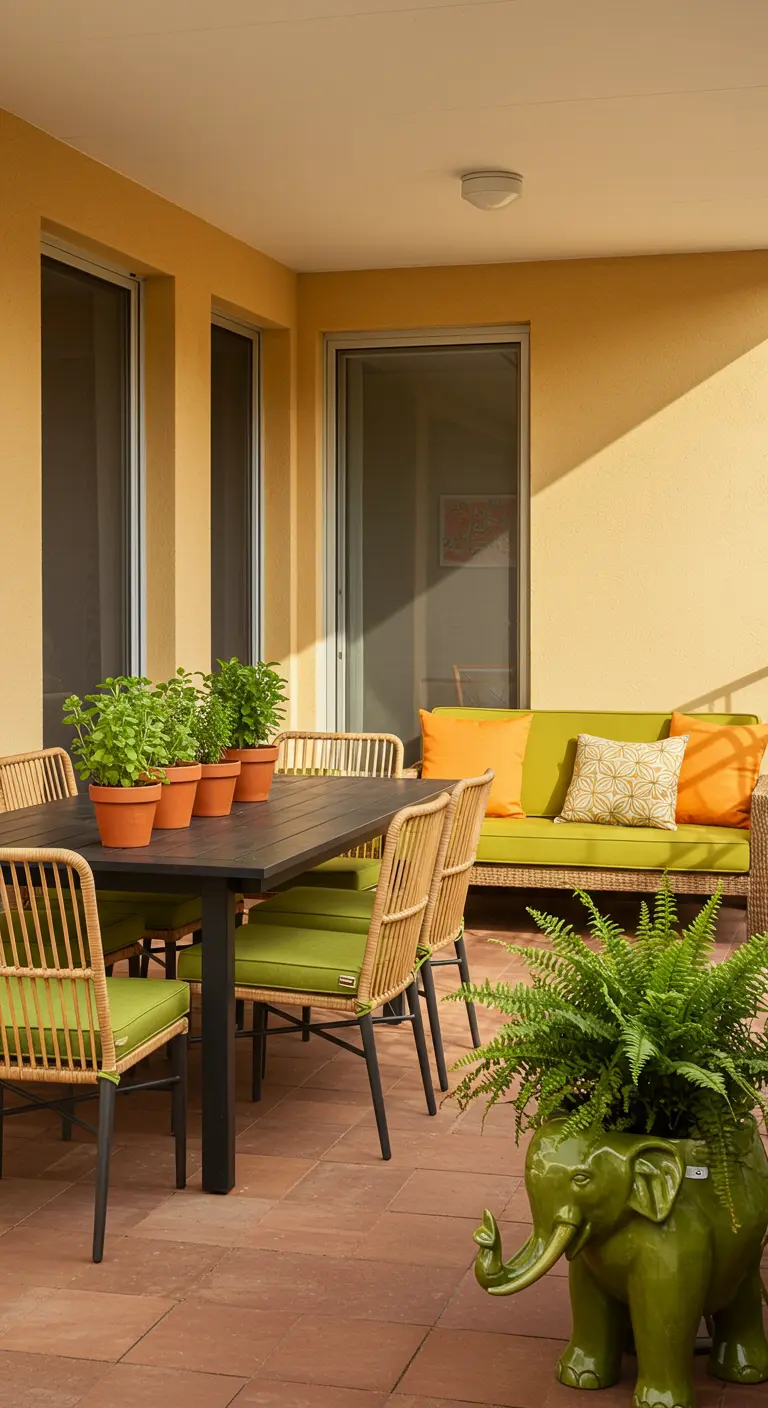 An outdoor dining set on a terracotta patio with a large green elephant planter.