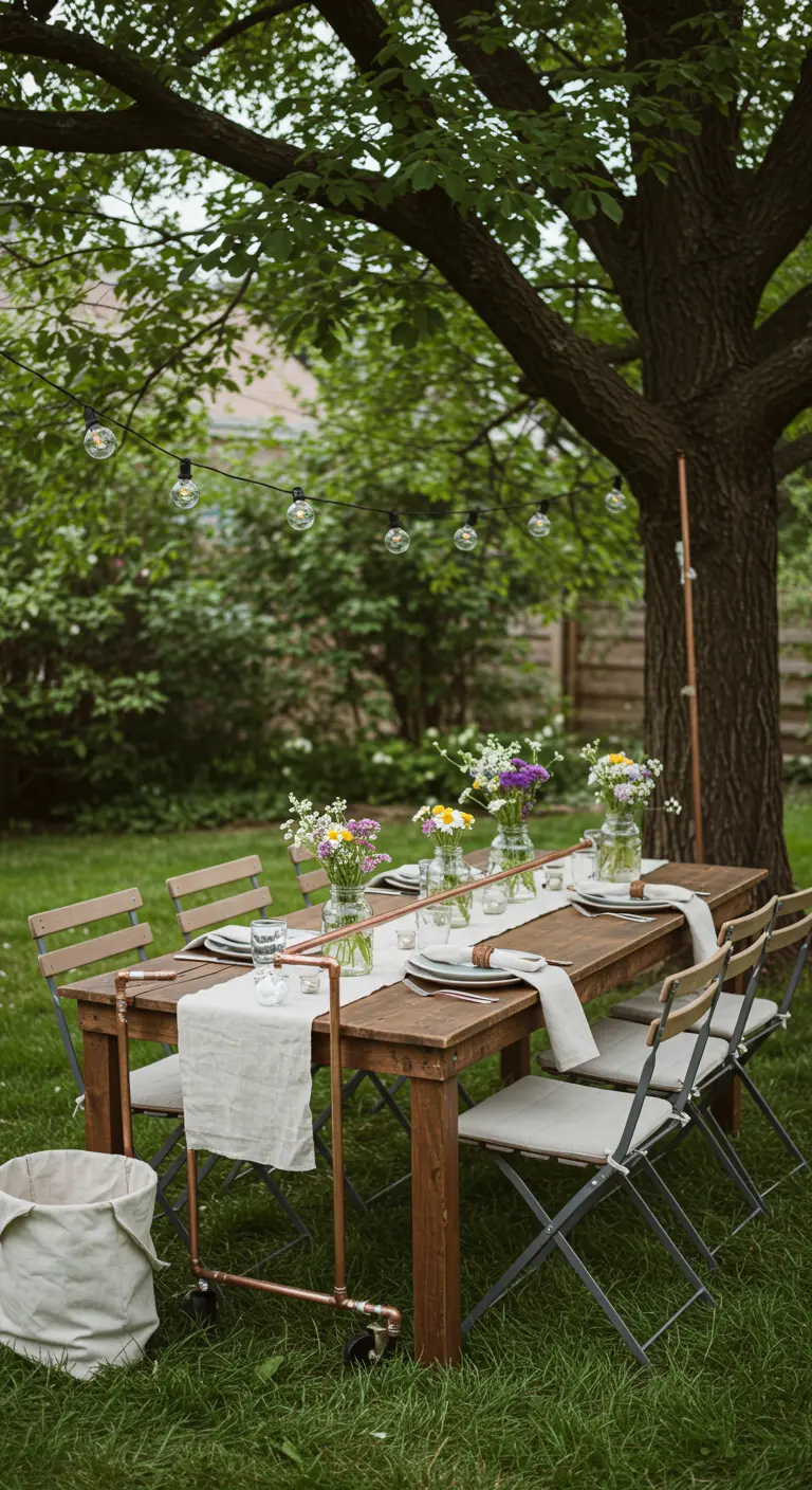 A low copper pipe frame with lights running over an outdoor dining table set on grass.