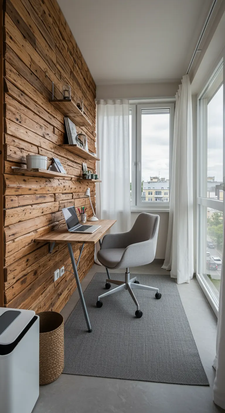 A home office set up on a balcony with a reclaimed wood wall and a floating desk.