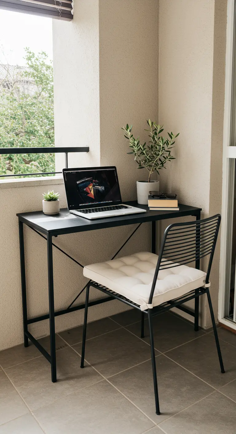 A sleek black desk and chair with a laptop and small plants on a balcony.