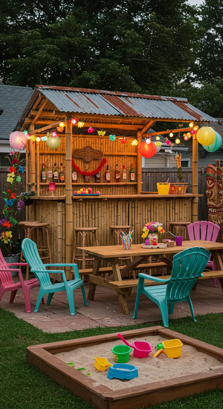 A backyard tiki bar with colorful chairs and string lights, with a kids' sandbox in front.
