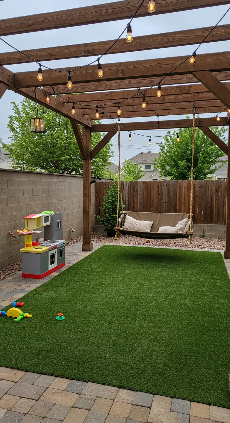 A pergola in a backyard with a porch swing on one side and a children's play kitchen nearby.