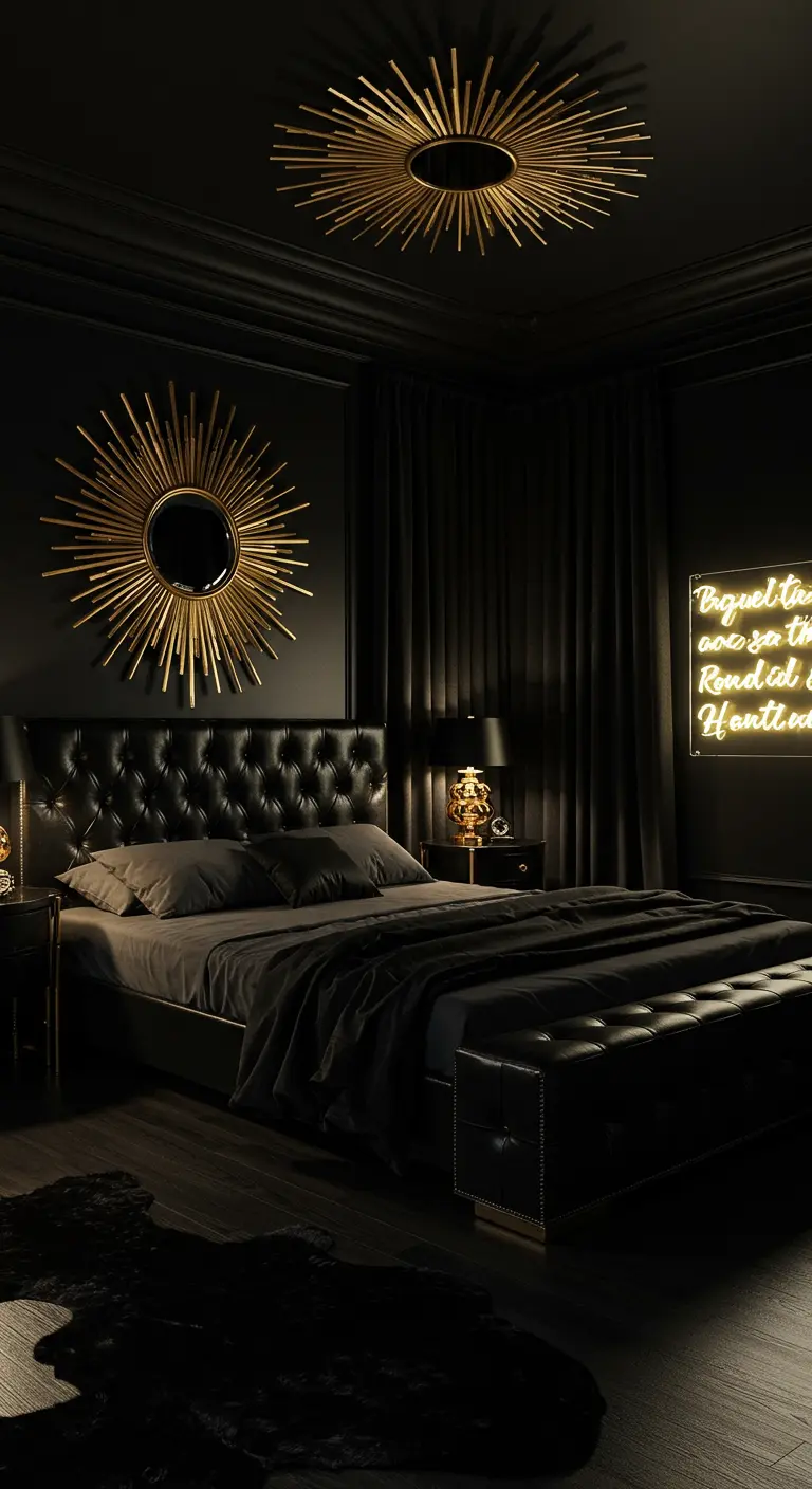 All-black bedroom with gold sunburst light fixtures and a neon sign.