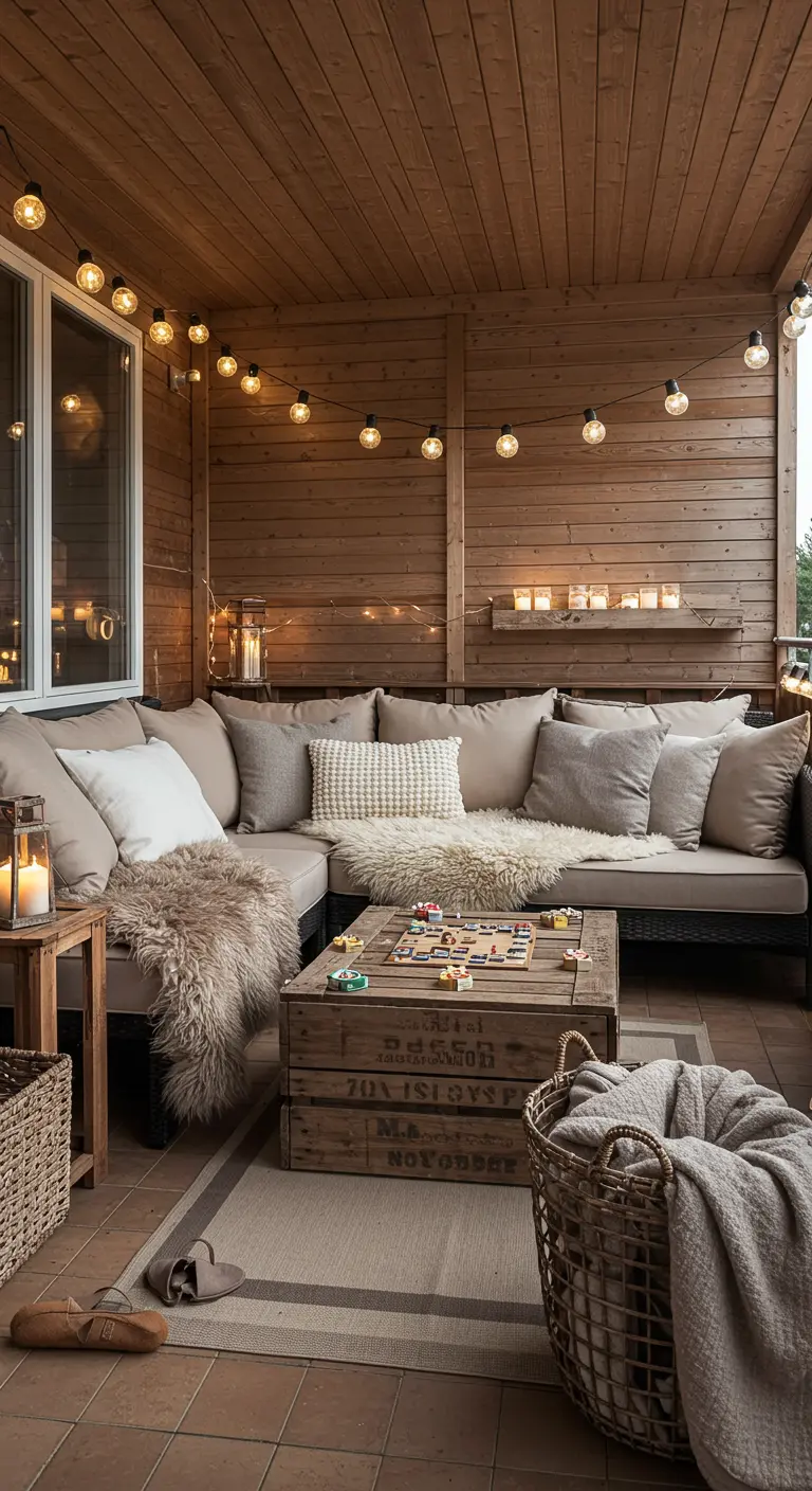 A large covered patio with a sectional sofa, a board game on a crate table, and baskets.