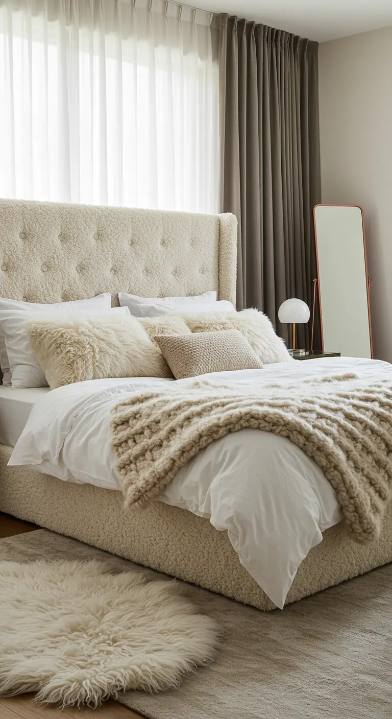 A bed fully upholstered in a cream bouclé fabric, with faux fur and knit pillows.