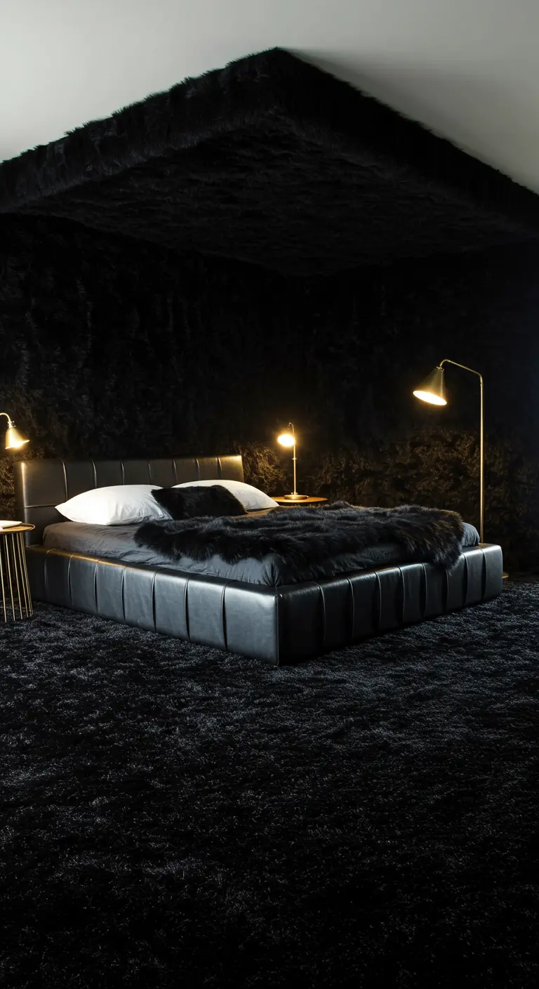 Bedroom with black shag carpet covering the walls and ceiling.