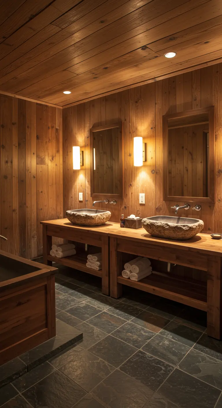 Rustic bathroom with knotty pine walls, two stone basins on a wood vanity, and a slate floor.