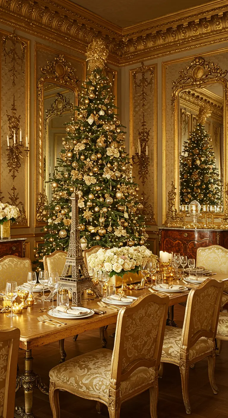 A lavish dining room decorated entirely in gold, with a gold Christmas tree and table settings