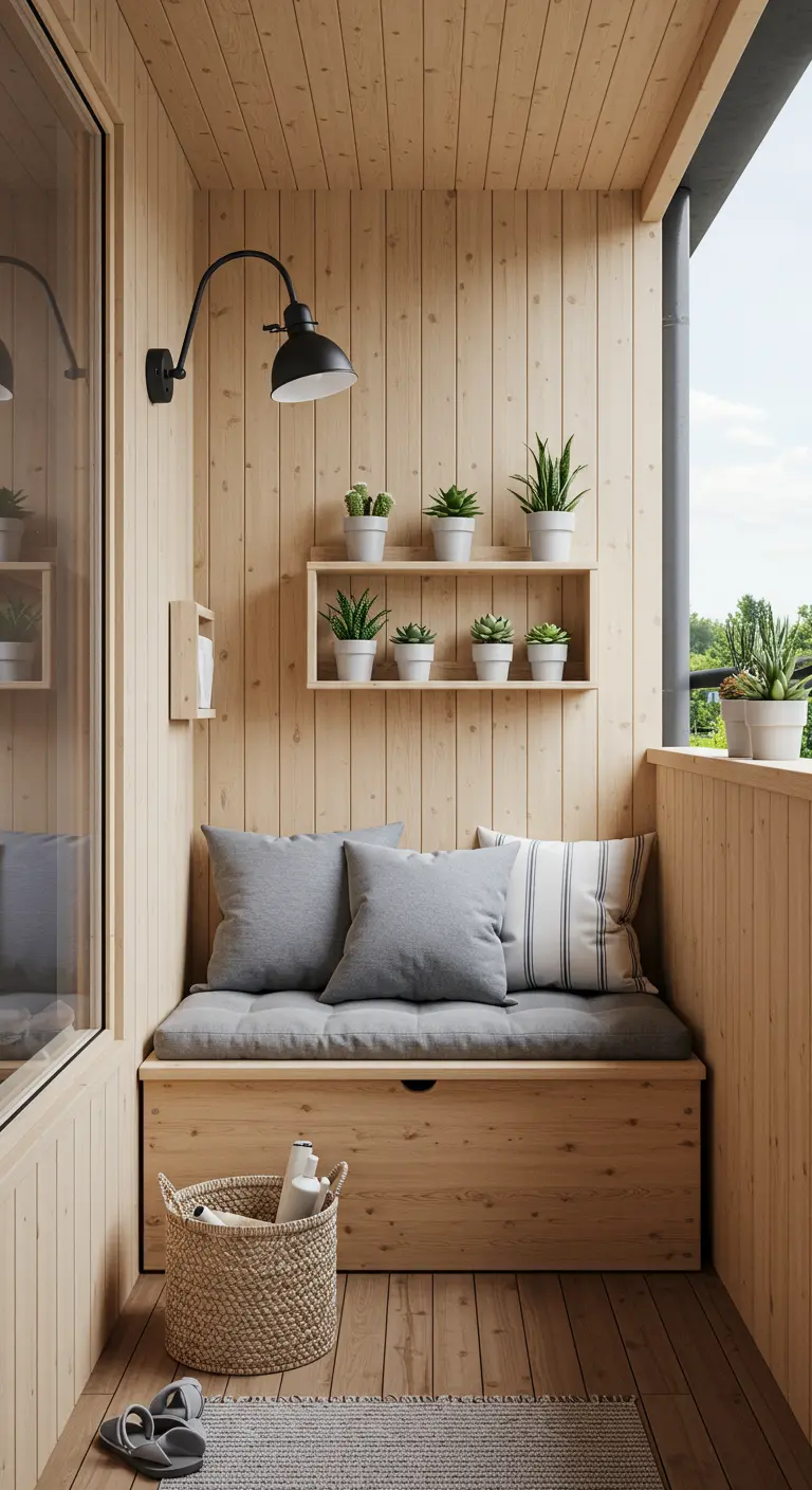 A cozy, wood-paneled balcony nook with a built-in storage bench and a shelf of succulents.