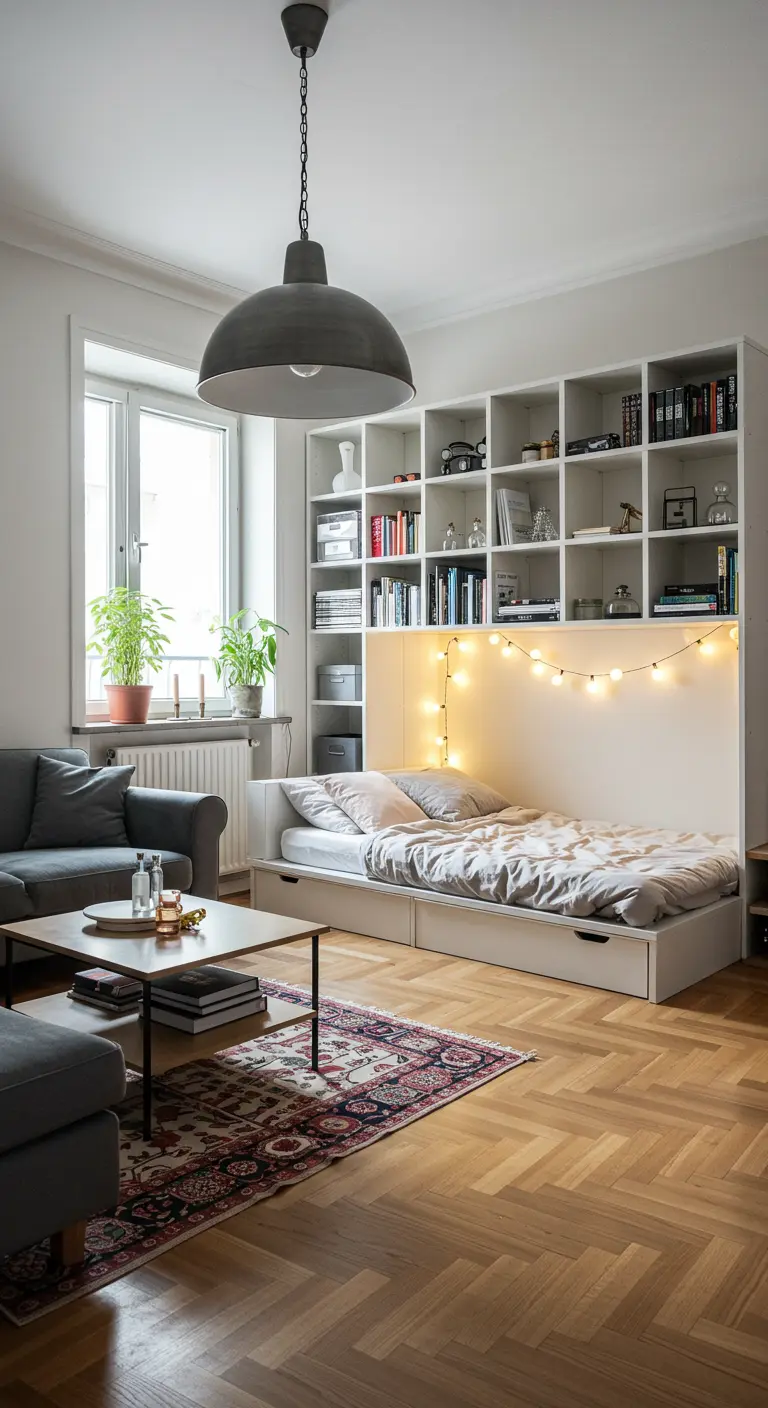 Studio apartment with a bed set into a large white bookcase, with drawers underneath.