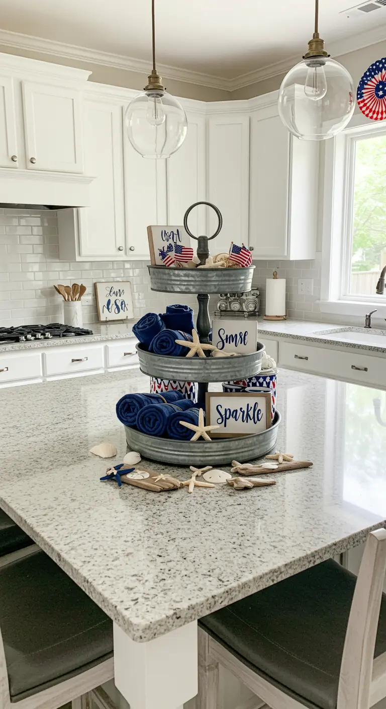A three-tiered galvanized tray on a kitchen island, decorated with coastal and patriotic items.