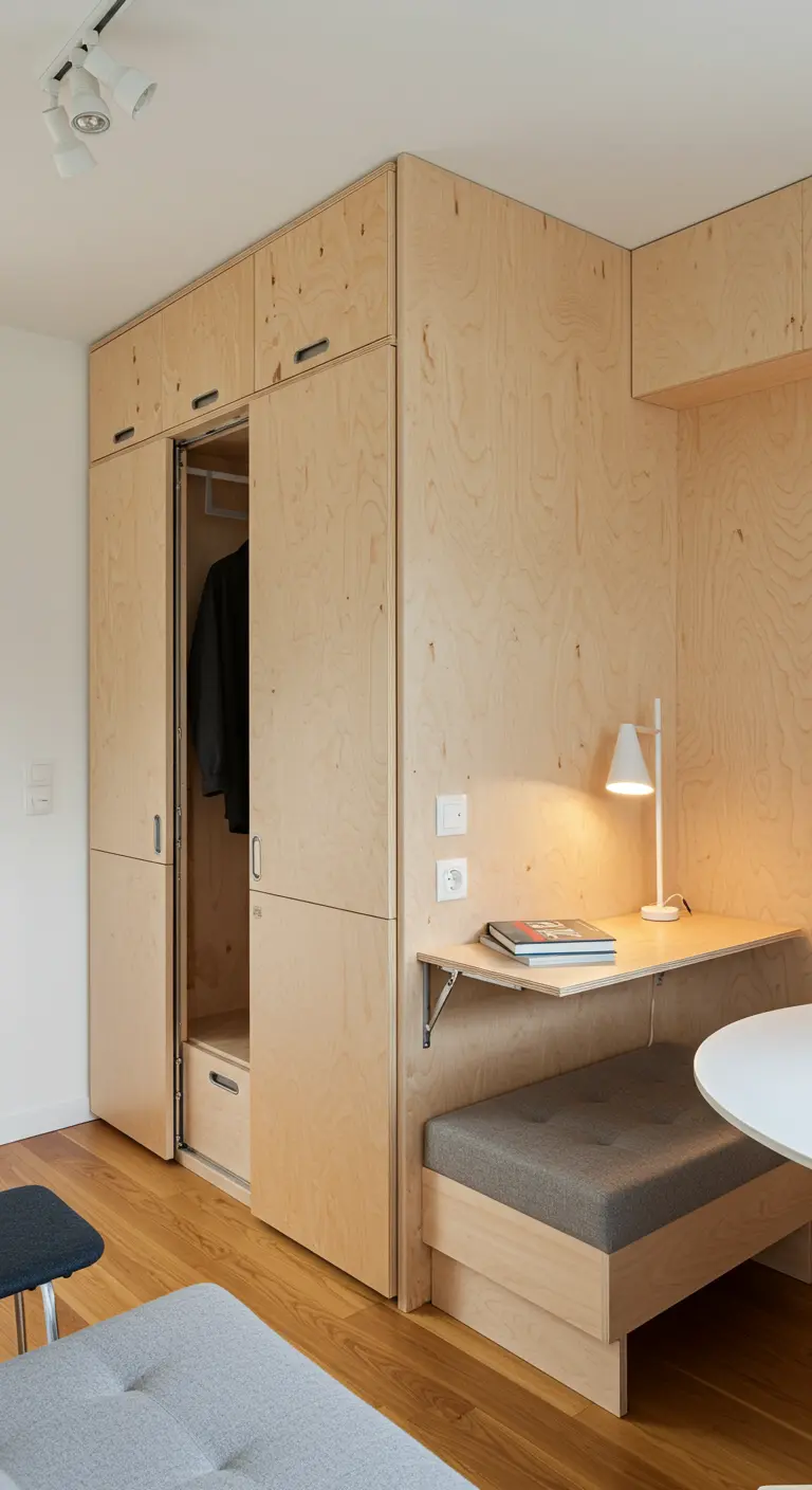 A compact studio unit made of light plywood with a built-in closet and folding desk.