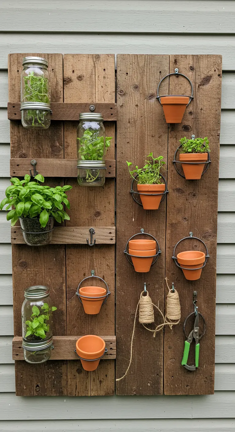 A rustic wood panel with a mix of herb-filled mason jars, terracotta pots, and hanging garden tools.