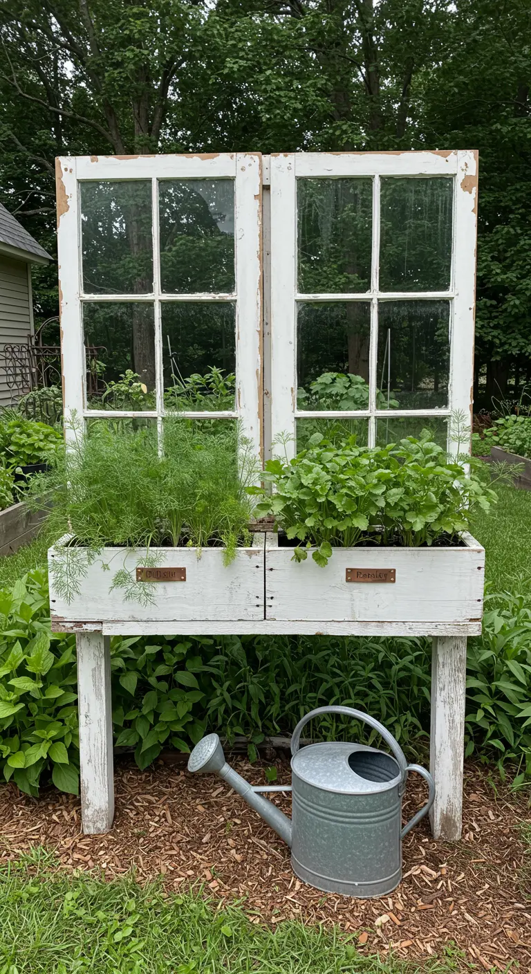 Two vintage white window frames form the back of a freestanding planter table filled with dill and herbs.