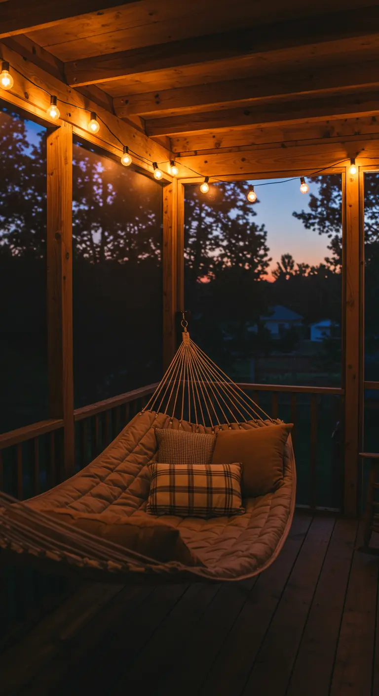 A cozy, quilted hammock with plaid pillows on a screened wooden porch at twilight.