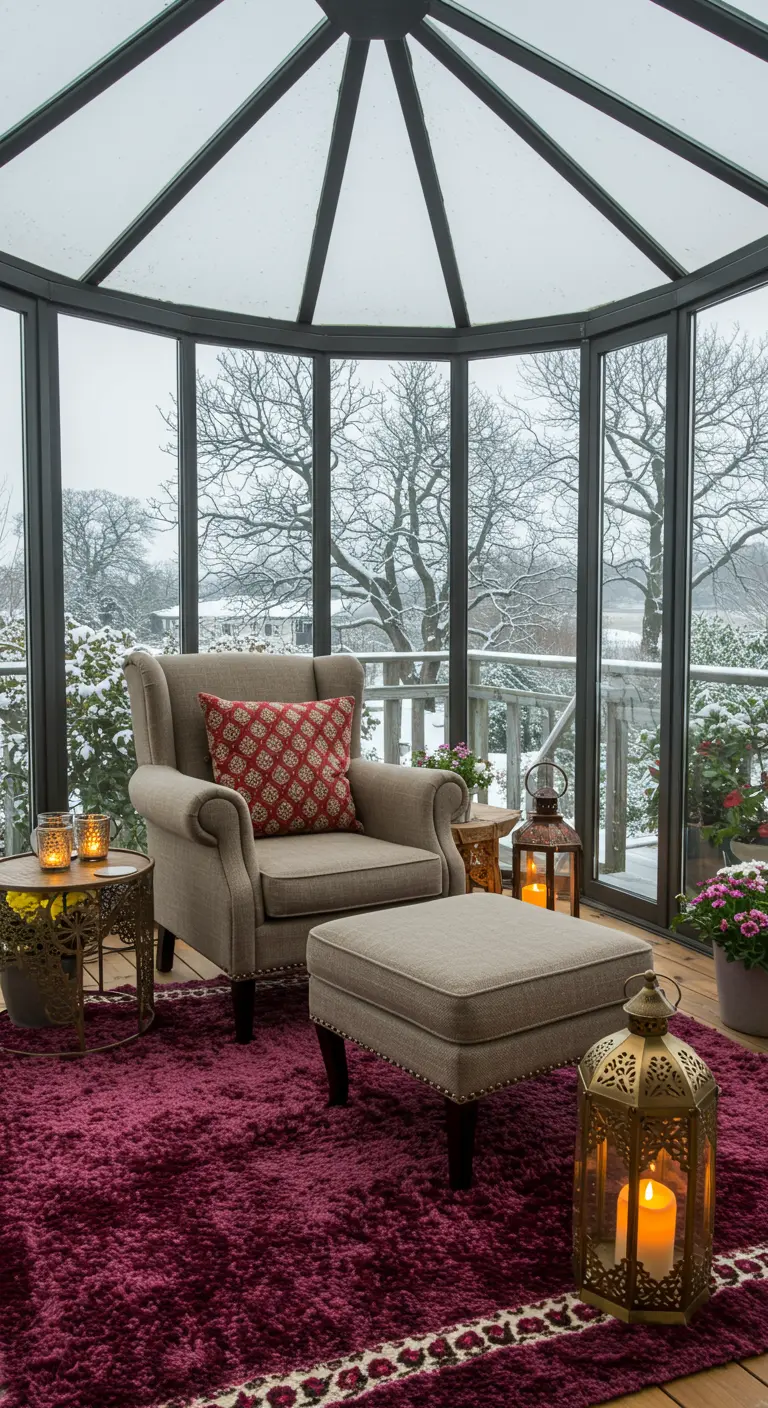 A cozy armchair in a glass conservatory with a plush burgundy rug and brass lanterns during winter.