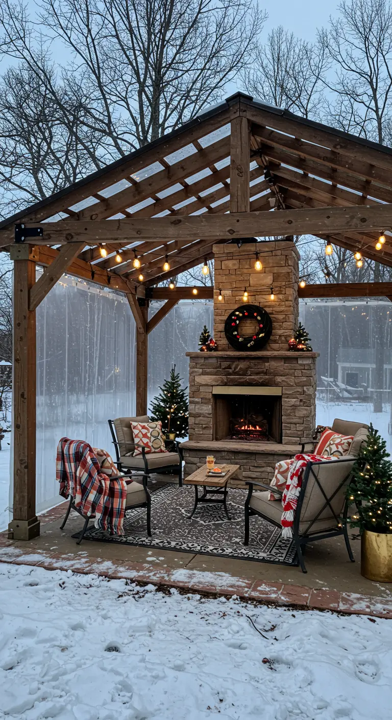 A pergola with a stone fireplace, decorated for winter with plaid throws and mini Christmas trees.