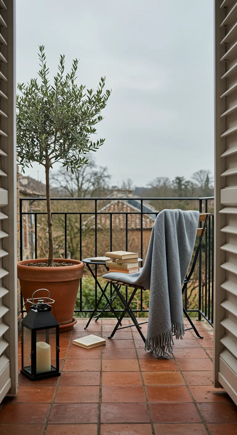 A bistro chair on a balcony with a cozy grey throw blanket, a lantern, and an olive tree.