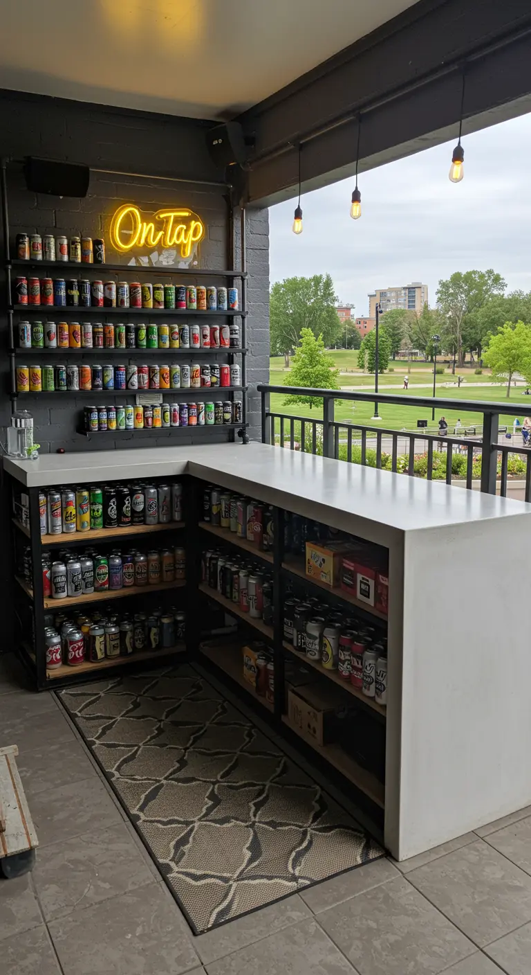 Covered patio bar with a white concrete countertop and shelves stocked with colorful cans.